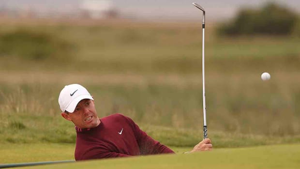 Rory McIlroy watches a bunker shot during practice for the 2023 British Open.